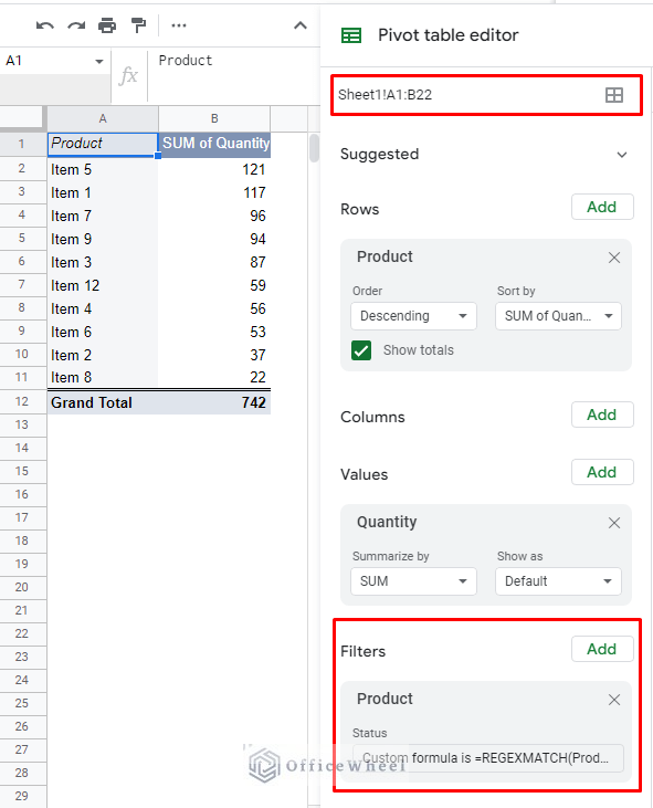 filtering top 10 values in a google sheets pivot table using custom formula filter